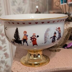 Gold Trimmed Decorative Bowl with Illustrations